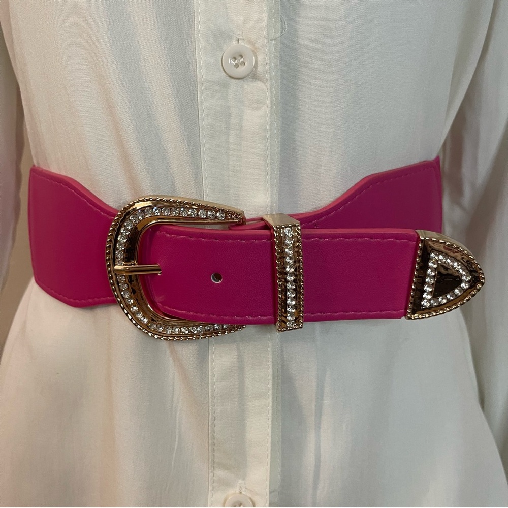 Pink PU leather gold tone buckle with rhinestones elastic waistband belt